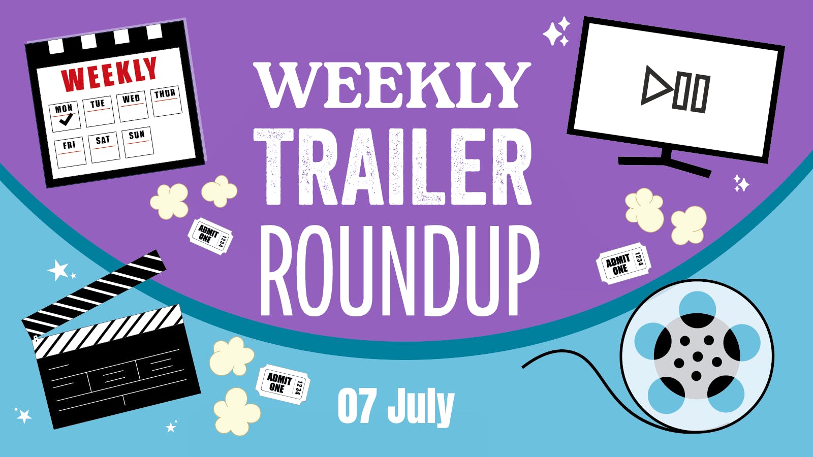 A calendar, clapper board, TV and film reel, interspersed with popcorn and movie tickets, indicating a regular segment about movies, plus the title and date, 3rd July